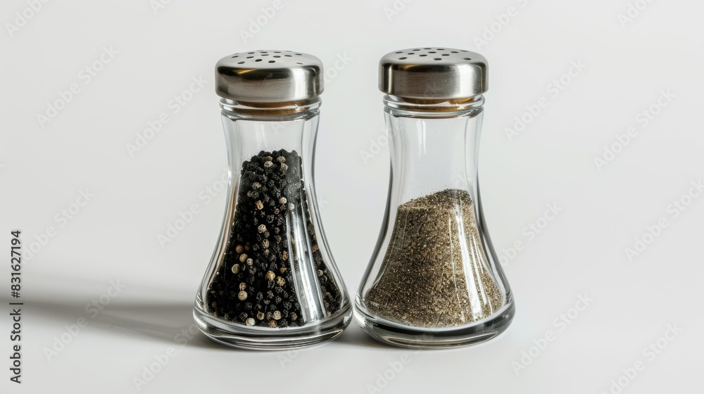 Two glass containers with pepper shakers on top, spices for food Two glass containers with pepper shakers on top, spices for food