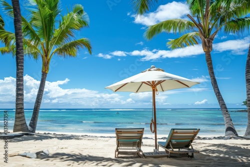 Two chairs and an umbrella on the beach provide shade under palm trees