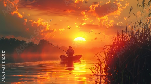 Serene sunset fishing scene with fisherman in boat on calm water surrounded by nature, reflecting vibrant colors of the setting sun. photo