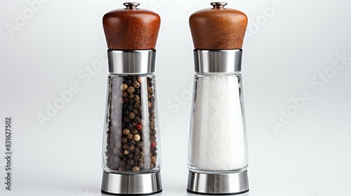 Two glass pepper shakers and a salt shaker sit on a white counter, spices for food
