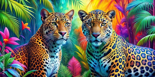 Vibrant generative image featuring a colorful jungle leopard and jaguar in a tropical wildlife scene photo