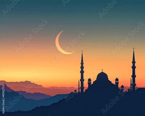 Minimalist Islamic wallpaper, mosque silhouette, serene Ramadan Kareem