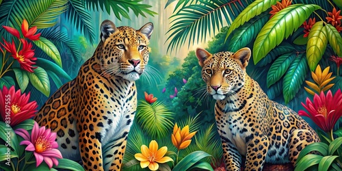 Colorful background with a jungle leopard and jaguar in a tropical wildlife setting