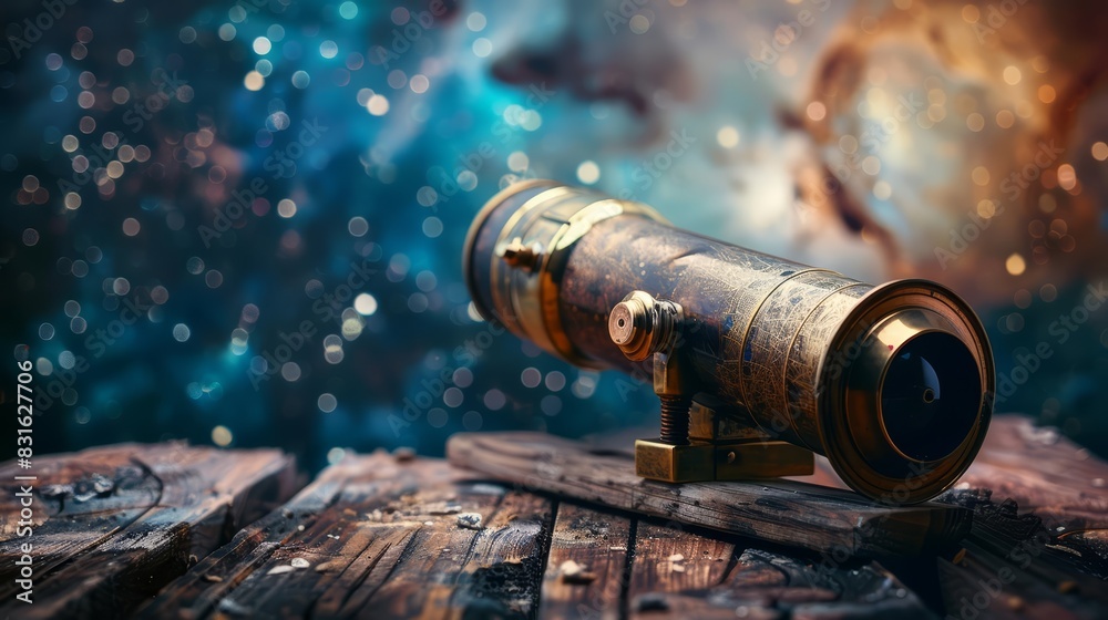 Obraz premium A single telescope with imaginative elements, a unique background, and advanced themes to evoke a sense of wonder with a blurry backdrop and copy space