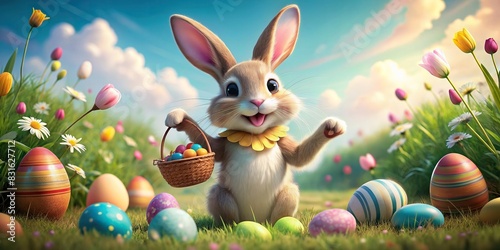 Whimsical Easter bunny spreading joy with Easter eggs photo