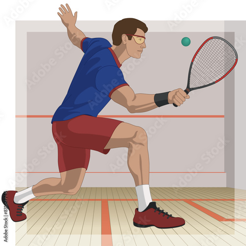 racquetball sport, male player striking the ball with racquetball court in the background