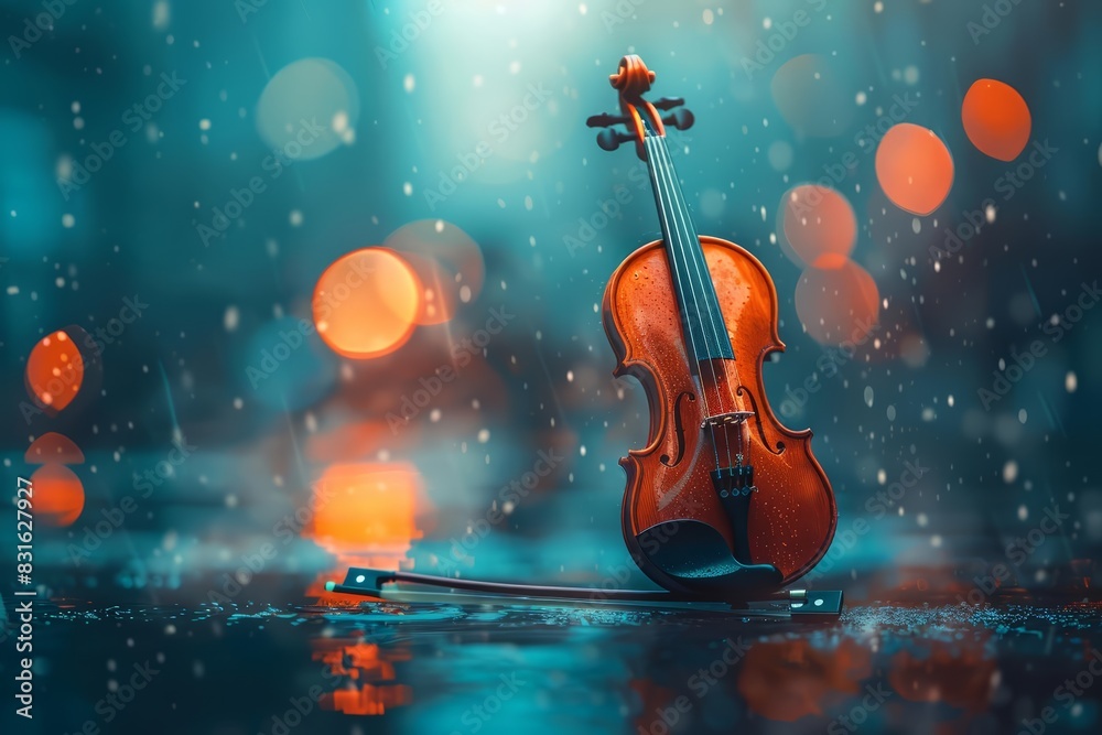 Fototapeta premium A single violin with imaginative elements, a unique background, and advanced themes to evoke a sense of wonder with a blurry backdrop and copy space