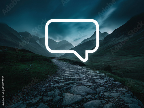 Rocky path through dark, mountainous landscape under cloudy night sky. Illuminated by surreal, glowing speech bubble icon in center.