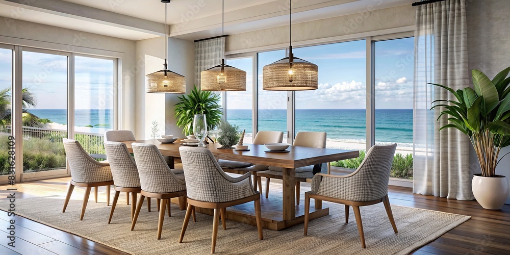 Modern coastal dining room interior design with chic chairs