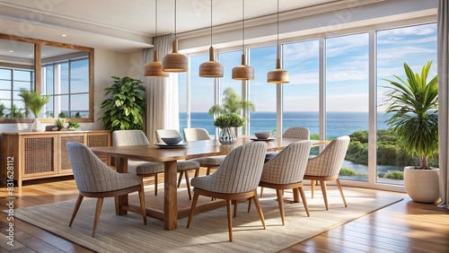 Modern coastal dining room interior with stylish chairs photo