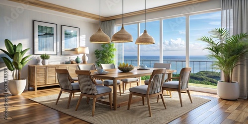 Dining room with modern coastal decor featuring stylish chairs © artsakon