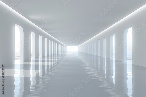 Futuristic white hallway with glowing lights and reflective floor  creating a bright and modern architectural space