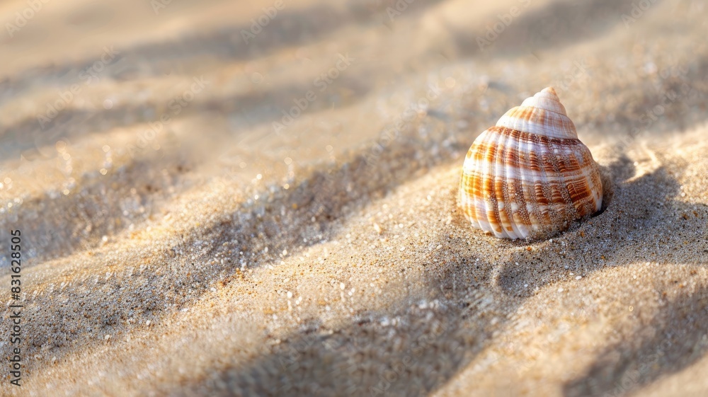 Striped seashell rests on sunlit sandy beach Striped seashell rests on sunlit sandy beach