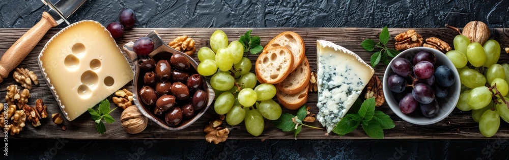 Delicious Cheese Platter with Grapes and Nuts on Square Table: Food Photography Background Delicious Cheese Platter with Grapes and Nuts on Square Table: Food Photography Background