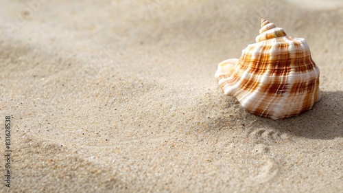 Spiral seashell with brown stripes on sandy beach © Artyom