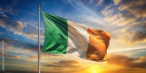 Bent waving flag in colors of the Irish national flag on a plain background photo