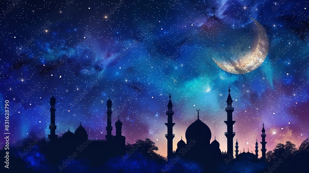 Fototapeta premium Ramadan Kareem design, starry night background, mosque silhouette