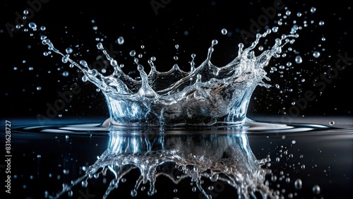 Water splash on black backdrop with realistic details and high contrast photo