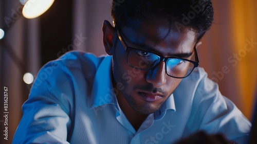 Young serious indian professional business man focused ethnic male student wearing glasses working on laptop remote studying using computer looking at screen watching seminar webinar a : Generative AI photo