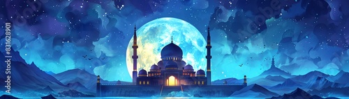 Ramadan Kareem greeting, abstract mosque under the moon, festive vibes