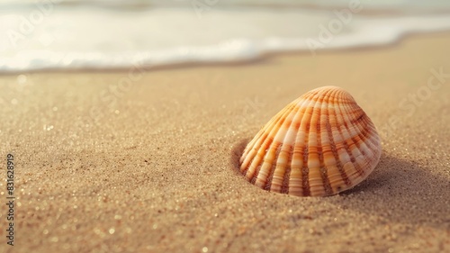 Close-up of seashell on sandy beach near ocean waves © Artyom