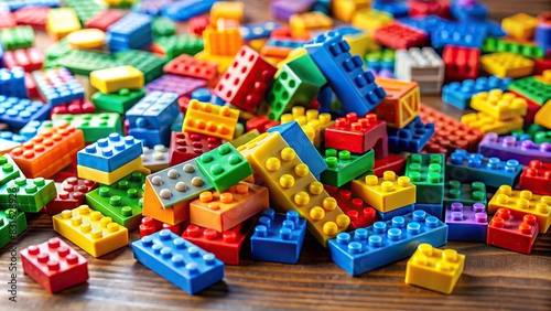 Colorful lego blocks on a table without any people playing photo