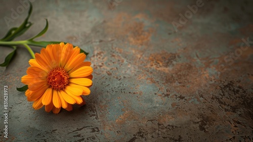Orange marigold flower on textured surface photo