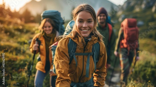 Smiling hikers on a scenic mountain trail, enjoying a day of adventure and nature with backpacks and outdoor gear under a clear sky.