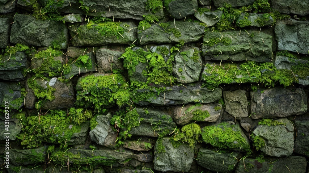 Stone wall covered in green moss texture with room for text Stone wall covered in green moss texture with room for text