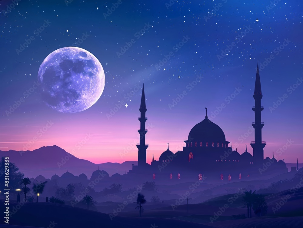 Serene Ramadan background, mosque and moon, tranquil night scene