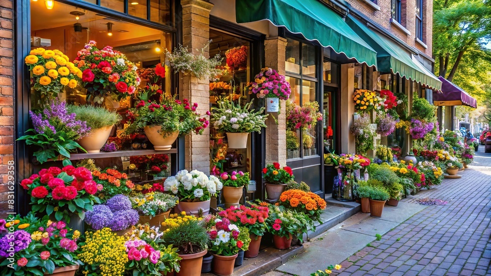 Quaint local florist's storefront with colorful blooms on city sidewalk