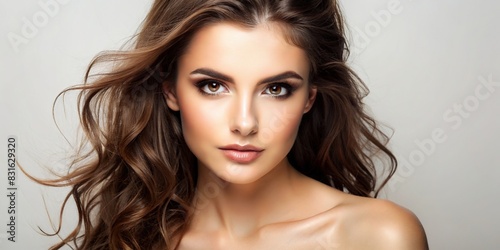 Young brunette woman with flawless skin on white background