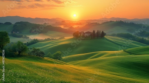 a beautiful sunset over a green hilly landscape with a house