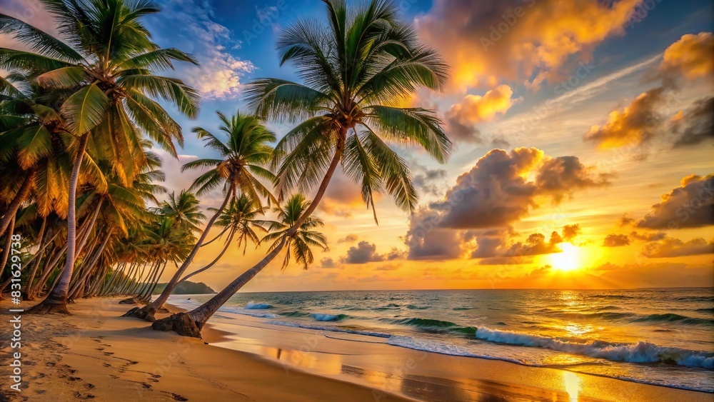 Tranquil golden sunset over a tropical beach with palm trees swaying in the breeze