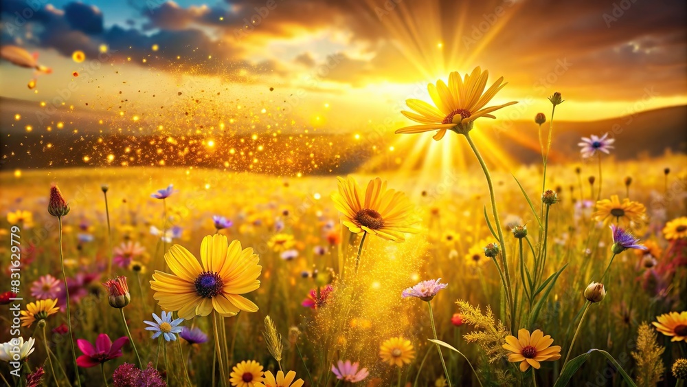 Golden fields with vibrant flower and grass petal overlays