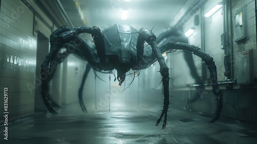 a creepy spider hanging from a hallway in a building