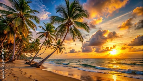 Tranquil golden sunset over a tropical beach with palm trees swaying in the breeze photo
