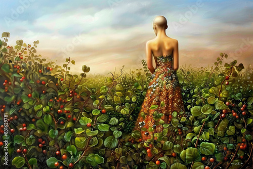 Woman in Floral Dress Standing in Berry Field, Serene Landscape, Back View photo