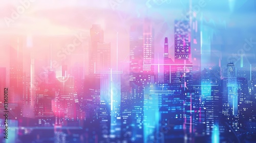 Banner for business showcasing a social enterprises impact report, illustrated in synth wave styles with a hitech concept and a blurry urban background photo