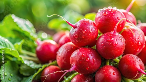 Freshly harvested red radishes with water drops on them, against a soft blurred background