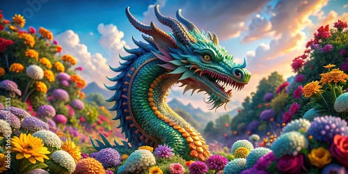of a majestic dragon surrounded by colorful flowers