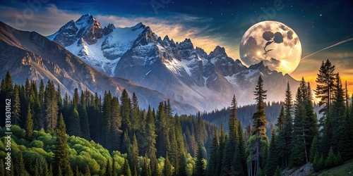 Moon illuminating dense forest nestled behind majestic mountains photo