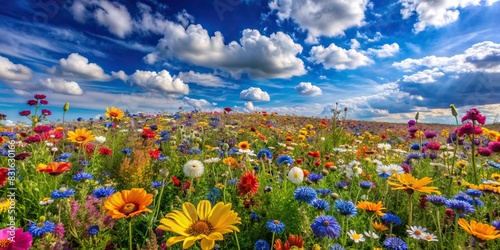 Field of colorful wildflowers with a blue sky background  created using generative AI
