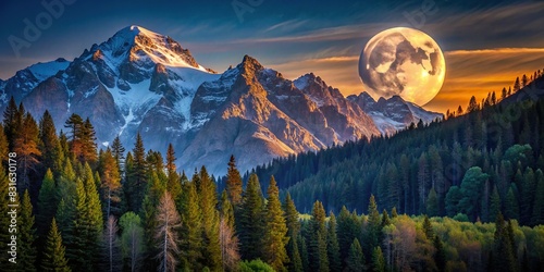 Moon illuminating dense forest nestled behind majestic mountains photo