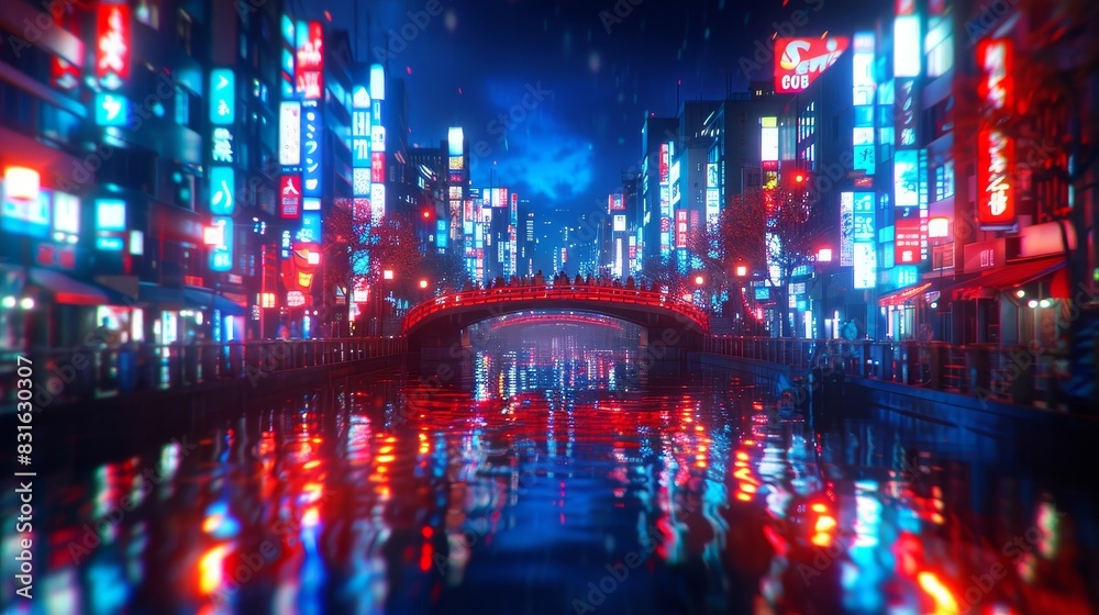a city at night with a bridge and neon lights