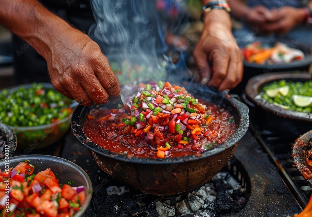 Close-up of hands preparing barbeque sauce with bowls of ingredients around. In the background, people are grilling, highlighting the collaborative and festive spirit of the barbeque.