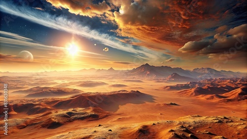 Mars landscape with sunrise over desert terrain and clouds