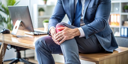Close-up of businessman's knee with evident joint pain at desk photo