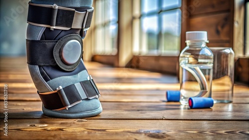Close-up of a knee brace on a wooden floor with a bottle of pain reliever in the background photo