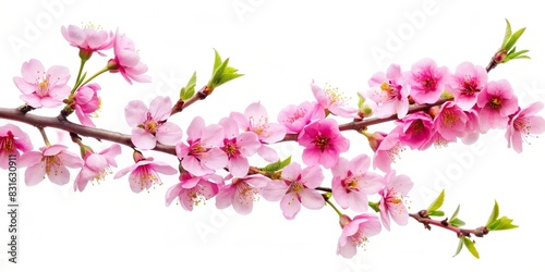 Pink cherry blossom tree branch on a white background, isolated